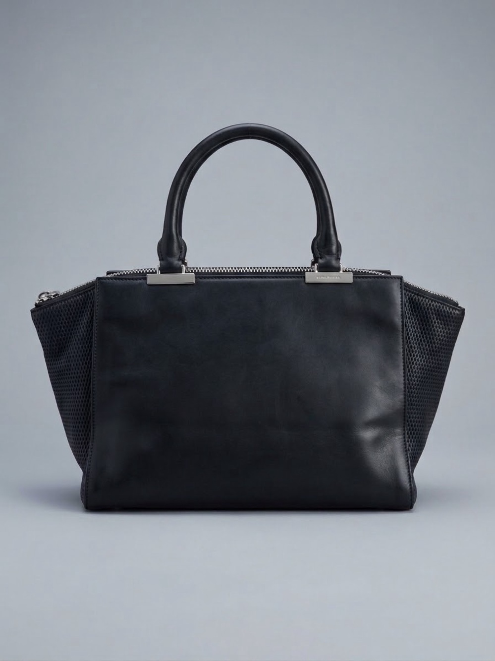 RARE Henri Bendel Black Leather Perforated Winged Satchel / Top Handle Tote Bag